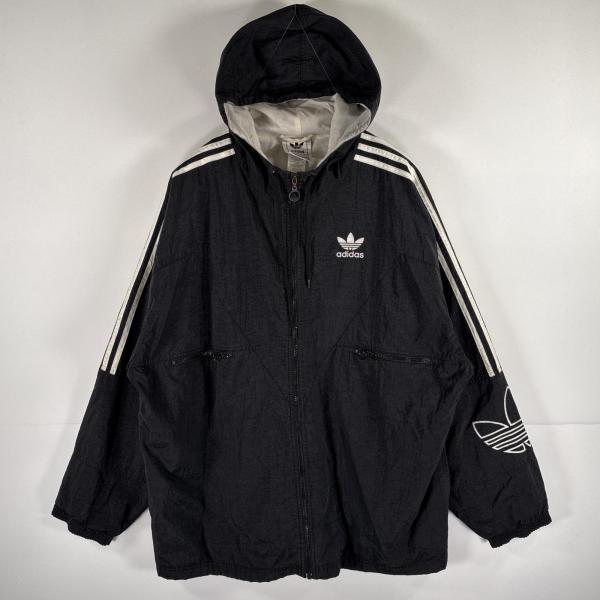 80s adidas スカジャン トレフォイルロゴ ナイロンジャケットXL 黒銀 古着 80s adidas トレフォイル ナイロンジャケット | Flamingo Online