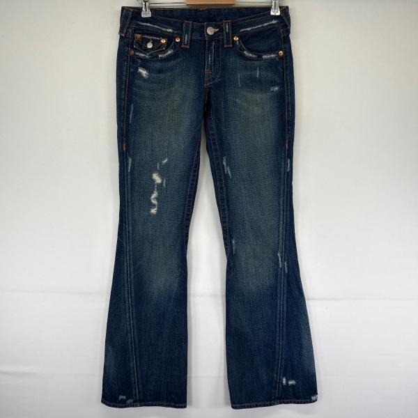 1226【美品】トゥルーレリジョン フレアデニム アメリカ製 青 25 TRUE RELIGION 古着 トゥルーレリジョン USA製 デニムパンツ ダメージ