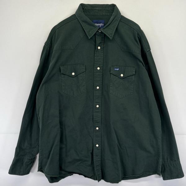 古着 ラングラー Wrangler 長袖シャツ ワンポイントロゴ 胸ポケット ウエスタンシャツ フラップポケット  グリーン メンズ