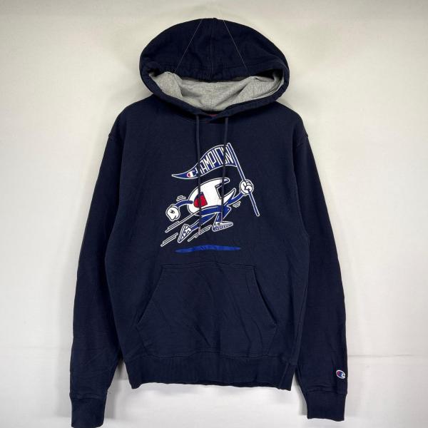 古着 チャンピオン Champion パーカー プルオーバー スウェット プリントロゴデザイン フーディ S  ネイビー メンズ