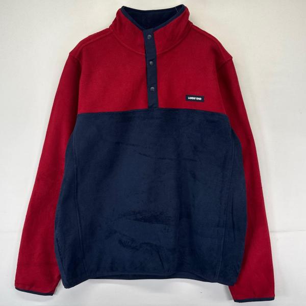 古着 ランズエンド Lands' End フリース ジャケット ワンポイントロゴ スナップボタン ツートン プルオーバー L  ネイビー系 メンズ