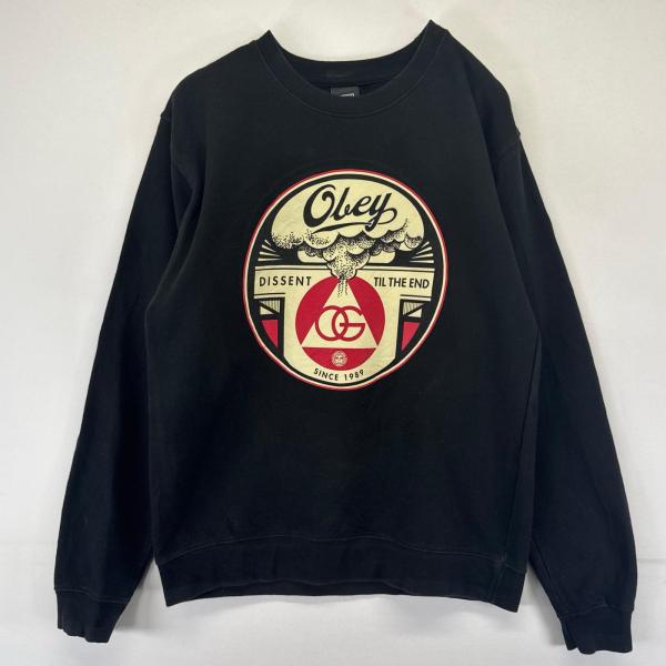 古着 オベイ OBEY スウェット プルオーバー 片面プリント トレーナー S  ブラック系 プリント メンズ
