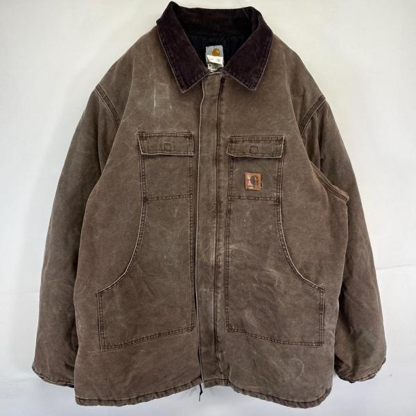 古着 カーハート Carhartt USA製 ワークジャケット トラディショナルジャケット ダック 中綿 ワンポイントロゴ 3XL  ブラウン メンズ Carhartt（カーハート） 古着 Carhartt USA製 ワークジャケット