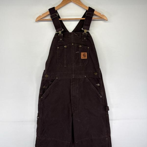 古着 カーハート Carhartt ダック オーバーオール ダブルニー ワーク ワンポイントロゴ ハンマーループ W32 L32  ブラウン系 メンズ Carhartt（カーハート） 古着 ダック オーバーオール ダブルニー