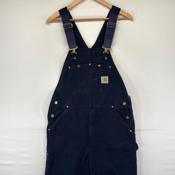 古着 カーハート Carhartt USA製 ダック オーバーオール ワーク ワンポイントロゴ ダブルニー 中綿 作業着 W36 L34  ネイビー系 メンズ Carhartt（カーハート） 古着 Carhartt USA製 ダック オーバーオール