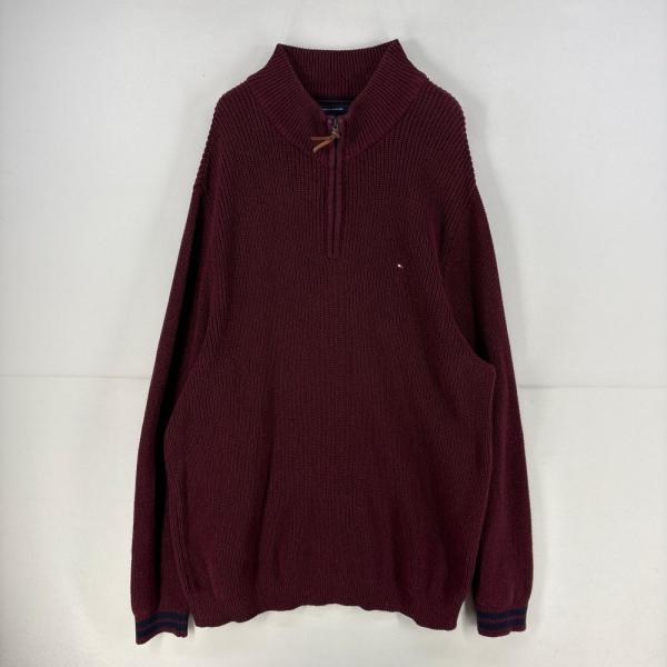 古着 トミーヒルフィガー TOMMY HILFIGER ニット 大きいサイズ ワンポイント ロゴ ハーフジップ  セーター 刺繍 3XL  レッド系 メンズ