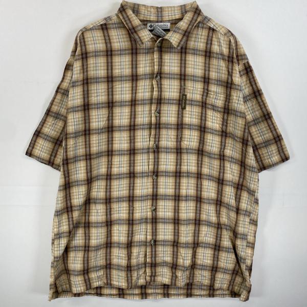古着 コロンビア Columbia 半袖シャツ ワンポイントロゴ ボタンシャツ L  ベージュ系 チェック メンズ