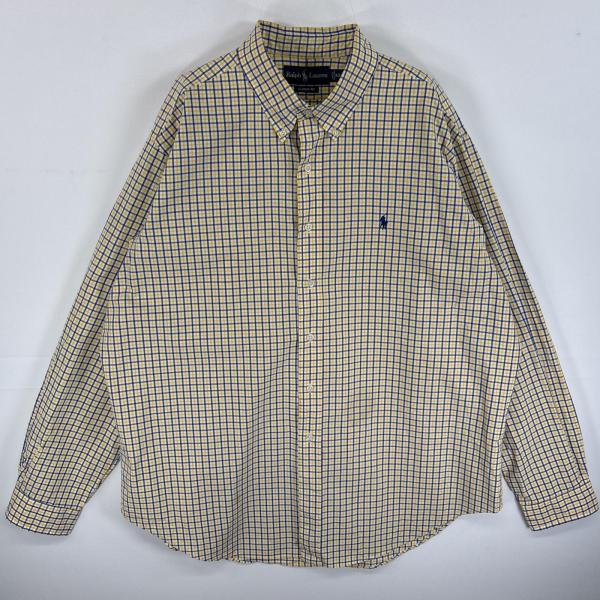 古着 90's/90年代 ラルフローレン RALPH LAUREN 長袖シャツ ワンポイント ロゴ 刺繍 ボタンダウンシャツ XXL イエロー チェック