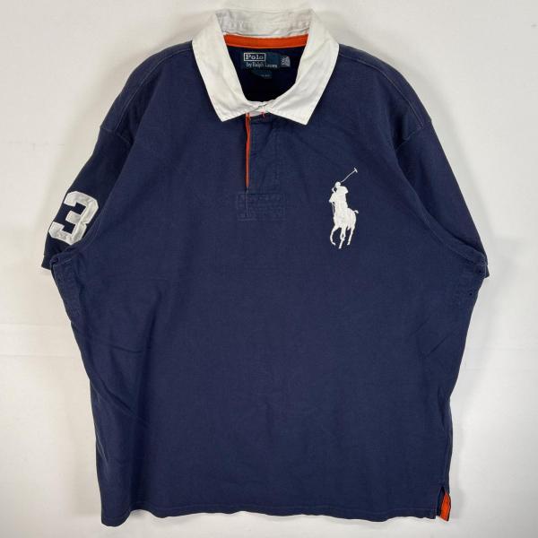古着 90's/90年代 ポロバイラルフローレン Polo by Ralph Lauren 鹿の子 半袖 ラガーシャツ ビッグポニー XXL  ネイビー系