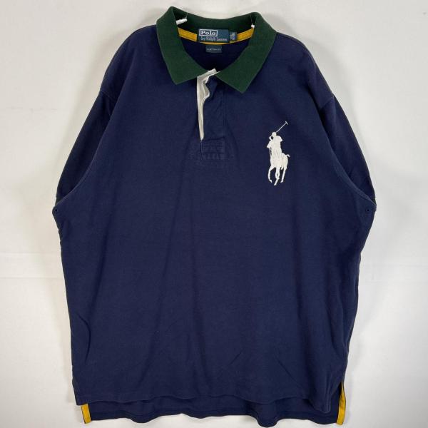 古着 90's/90年代 ポロバイラルフローレン Polo by Ralph Lauren 鹿の子 半袖 ラガーシャツ ビッグポニー 袖口切替 襟切替 XXL ネイビー系