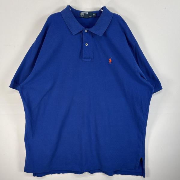 古着 90's/90年代 ポロバイラルフローレン Polo by Ralph Lauren 鹿の子 半袖 ポロシャツ ロゴ 刺繍 2ボタン 大きいサイズ XXL ブルー