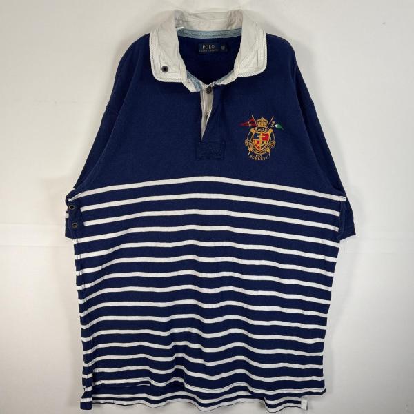 古着 ポロ・ラルフローレン POLO RALPH LAUREN 鹿の子 半袖 ラガーシャツ 刺繍 デザイン メタルボタン 襟切替 2XLT ネイビー ボーダー