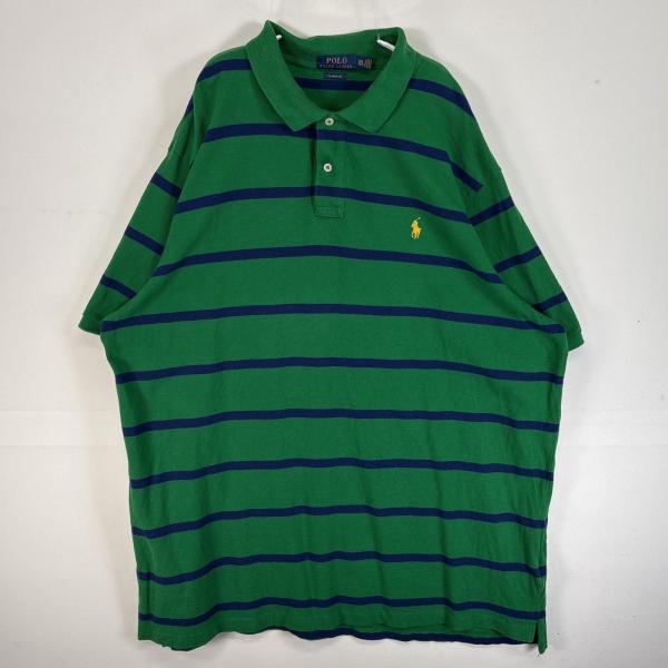 古着 ポロ・ラルフローレン POLO RALPH LAUREN 半袖 ポロシャツ ロゴ 刺繍 大きいサイズ 2ボタン XXL  グリーン ボーダー メンズ