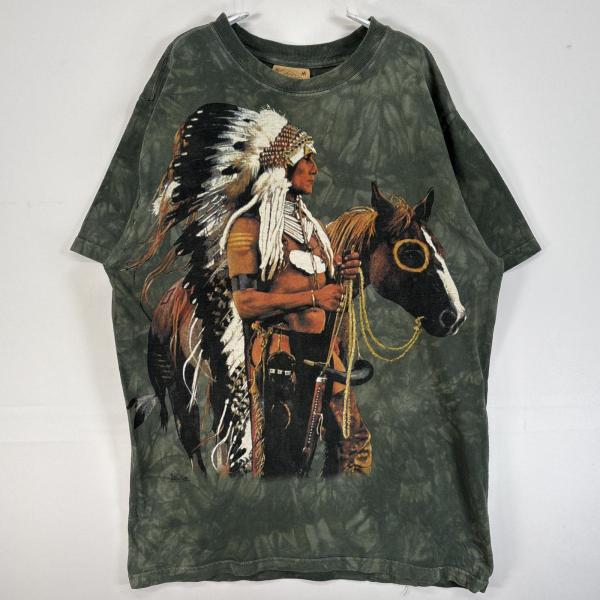 古着 90's/90年代 ザ・マウンテン  半袖Tシャツ ネイティブアメリカン 馬 アニマル 大判プリント USA製 M  グリーン タイダイ メンズ