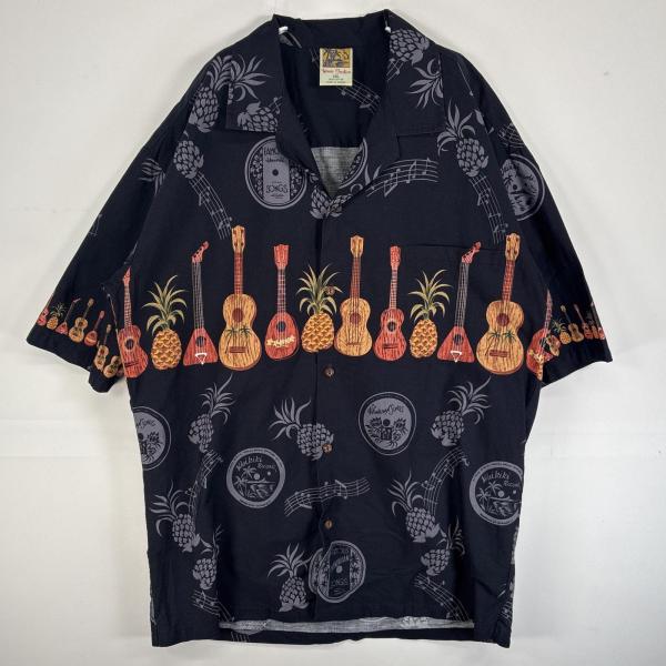 古着  Winnie Fashion 半袖シャツ アロハ ハワイ製 音楽 パイナップル 大きいサイズ 2XL  ブラック 総柄 メンズ