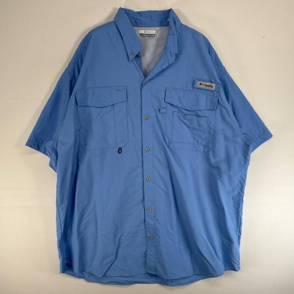古着 コロンビア Columbia 半袖シャツ PFG フィッシングギア ワンポイント ロゴ フラップポケ L  水色 無地 メンズ