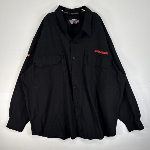 Harley Davidson 80sビンテージロゴ入り長袖シャツ襟付き HARLEY DAVIDSON ハーレー・ダビッドソン ロゴ刺繍デザイン オープン