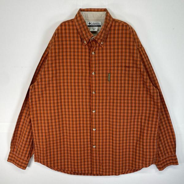 古着 コロンビア Columbia 長袖シャツ ワンポイント　ロゴ チェック 大きいサイズ XL  オレンジ系 マルチカラー メンズ