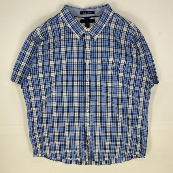 古着 トミーヒルフィガー TOMMY HILFIGER 半袖シャツ ボタンダウン 胸ポケット 刺繍ロゴ 大きいサイズ 2XL  ブルー系 チェック メンズ