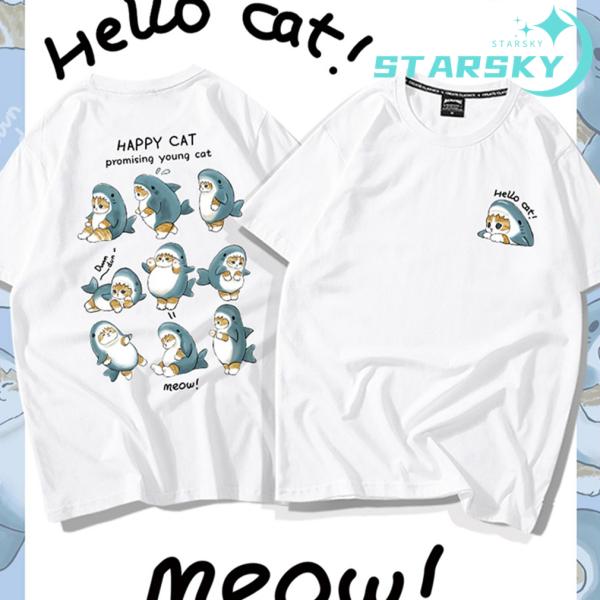 Tシャツ サメにゃん サメ猫 プリントシャツ ホワイト 大きいサイズ対応