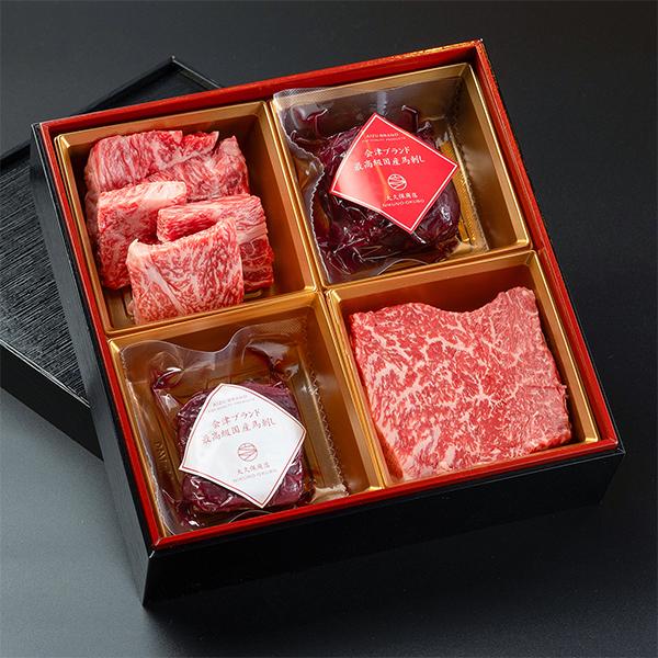 ■商品内容■【1段目】・国産馬刺し もも（ランプ） 約50g前後（※ブロック/約1人前/真空パック）・国産馬刺し ロース 約50g前後(※)・福島牛 ランプ ステーキ用 100g・福島牛 肩ロース 焼肉用 70g【薬味】・自家製にんにく辛子...