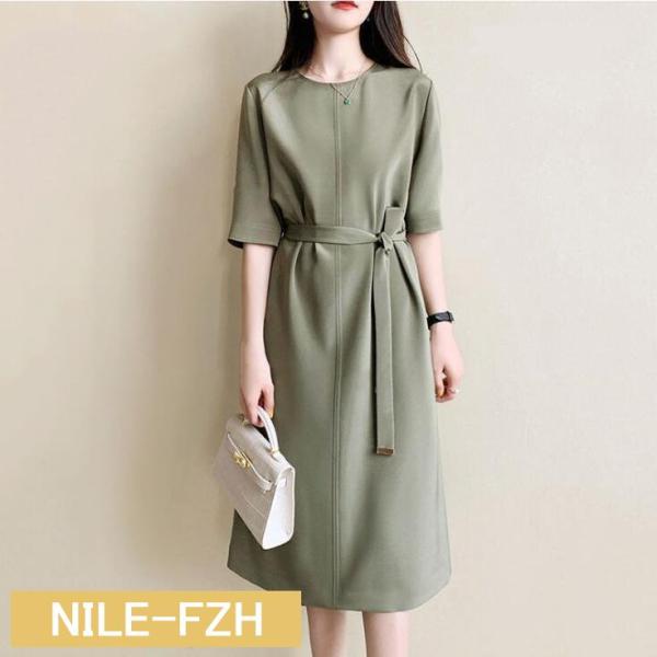 春夏コーデ❤️ロひざ丈ワンピース　レディース　Vライン　半袖 nile-fzh_nile-240711-bdk411