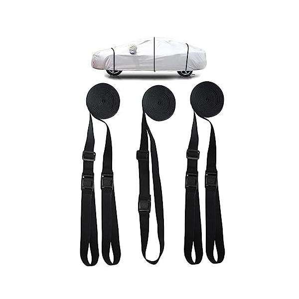 車カバー 強風対策前后、中央の3つのロープを同時に固定。先端のループを左右のホイールに通して簡単に固定できることに有ります。取付も簡単で、カバーが風で膨れたりすることも無くなります。台風の天気でも、防風固定効果があります。素材高密度の強力ゴ...