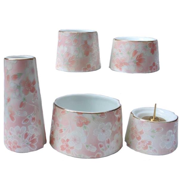 九谷焼 富士 陶器仏具5点セット「桜ころもピンク」 香炉 花立 火立て