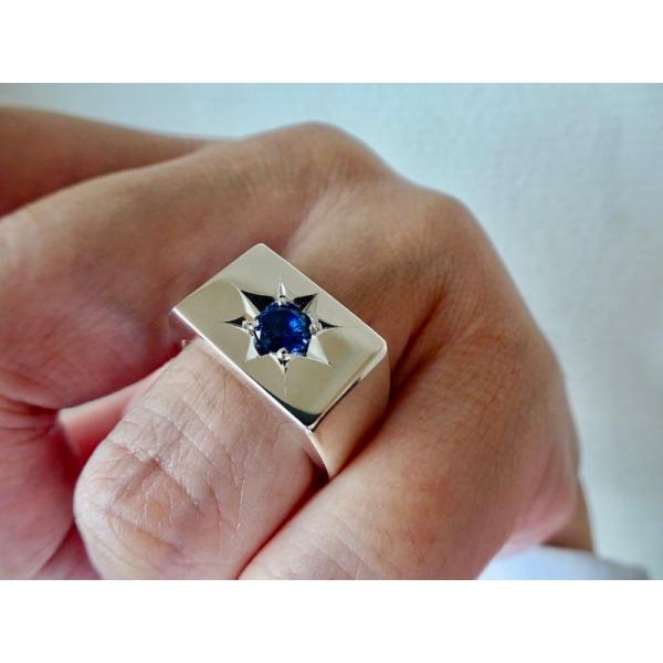 仁尾彫金『一つ星５mm合成サファイア印台リング、磨き』ハンドメイド554b