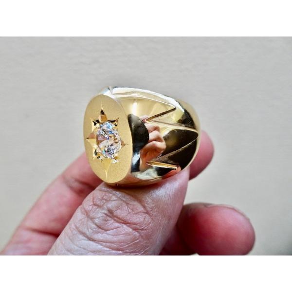 仁尾彫金『一つ星ジルコニア、コピアポア、ゴールド楕円の印台リング』ハンドメイド183