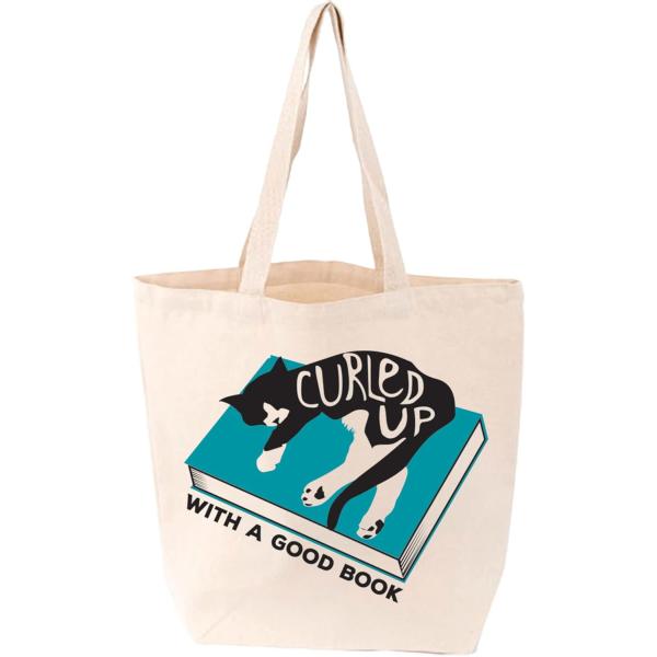 TOTE BAG(トートバック):CURLED UP WITH A GOODBOOK　GIBBS SMITH　ねこ本　猫　アメリカ製　天然コットン
