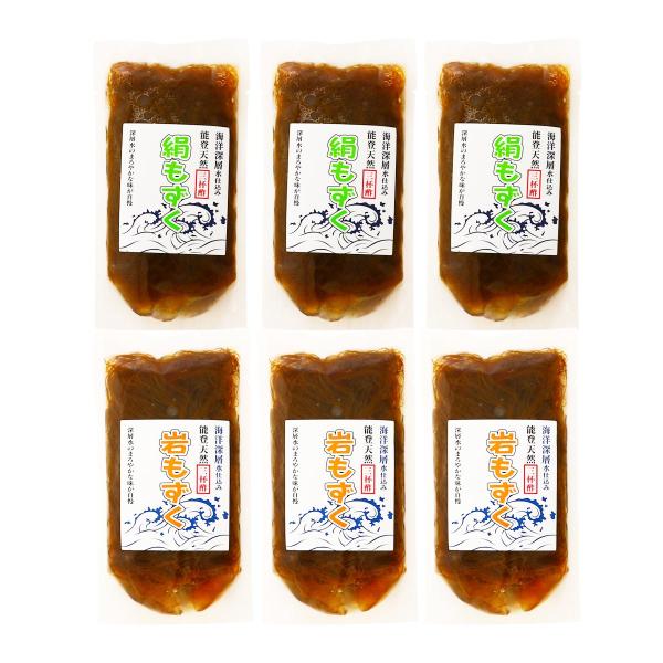 原材料:【絹もずく】絹もずく(石川県産)、海洋深層水、醤油、砂糖、醸造酢、鰹だし、発酵調味料、(一部に小麦・大豆を含む)【岩もずく】岩もずく(石川県産)、海洋深層水、醤油、砂糖、醸造酢、鰹だし、発酵調味料、(一部に小麦・大豆を含む)産地:日...