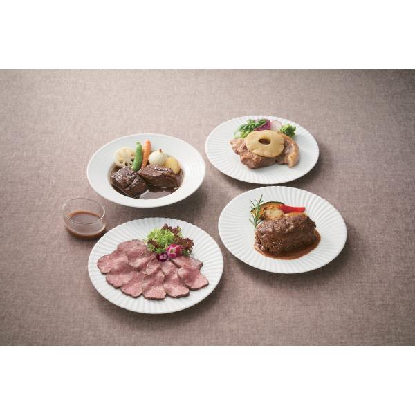 「ブラッセリートモ　黒毛和牛ローストビーフと３種のグルメ」　トースターや湯煎などの簡単調理で食べられるフレンチグルメの詰合わせです。黒毛和牛を使用したローストビーフとハンバーグ、ビーフシチューにポークステーキをラインアップ。　G0002_2...