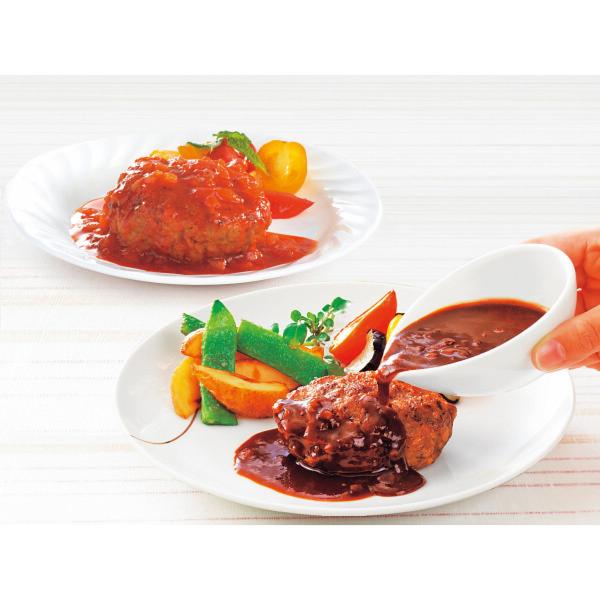 「米久　お肉屋さんのハンバーグ　２種のソース８食セット」　牛肉・豚肉を７：３の黄金比で配合したお肉屋さんの肉厚ハンバーグです。　洋風デミグラスソース、トマトイタリアンソースの２種のソースをご用意しました。　G0006_25_05