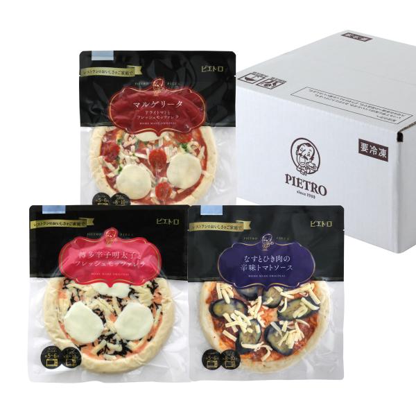 「ピエトロ ピザ 3枚セット」は、ひとつひとつ人の手で作るピエトロのおいしさがつまった、冷凍ピザ3種類の詰め合わせです。焼くだけで簡単にレストランの味をお楽しみいただけます。凍ったままのピザを袋から出し、トースターまたはオーブンで加熱してお...