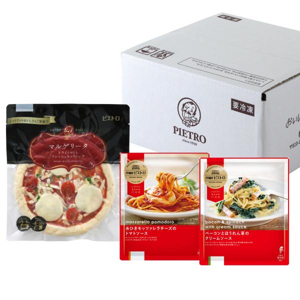 「ピエトロ ピザ パスタセット」は、ピエトロで人気のピザ1枚とパスタ2種を一緒にお楽しみいただけるセットです。ピザは凍ったまま袋から出して、トースターまたはオーブンで加熱してお召し上がりください。パスタは凍ったまま内袋の封を切らずにお皿にの...