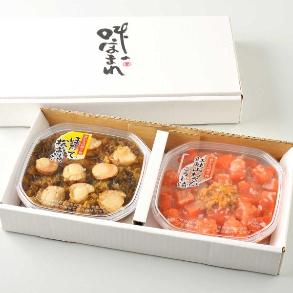 お酒のおつまみやご飯のお供などにぴったりな「帆立入り松前漬 紅鮭山わさびこうじ漬 食べ比べセット ギフト」です。解凍してそのまま美味しくお召し上がりいただけます。解凍後は冷蔵庫に保管し、なるべくお早めにお召し上がりください。＜帆立入り松前漬...