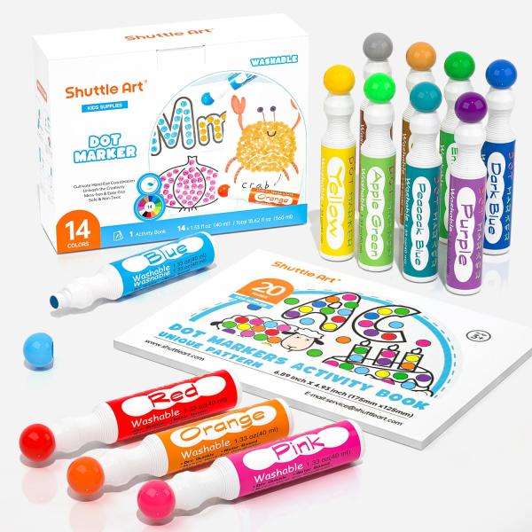 Shuttle Art ドットマーカー ウォッシャブルカラーペン 水性 14色セット 洗える 塗り絵付き 絵かき 画用紙 40ml 子供用 落書き 遊
