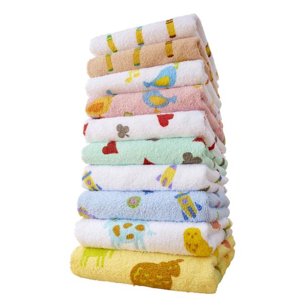 Kosugizen フェイスタオル よくばりプリントタオル ファンシー 5柄2色×1枚入 34×80cm 乾きやすい薄手タイプ まとめてお得 10枚セッ