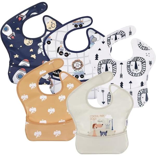 [GLLQUEN BABY] 食事エプロン 離乳食 保育園 5点セット ベビー 子供 汚れ防止 フリーサイズ 防水 洗濯機可能 調節可能 BPAとフタ