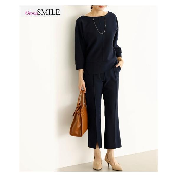 Tシャツ カットソー レディース 2点セット トップス ＋クロップド パンツ OtonaSMILE ネイビー/ライトグレー M〜5L ニッセン nissen ニッセン（nissen） Tシャツ カットソー レディース 2点セット
