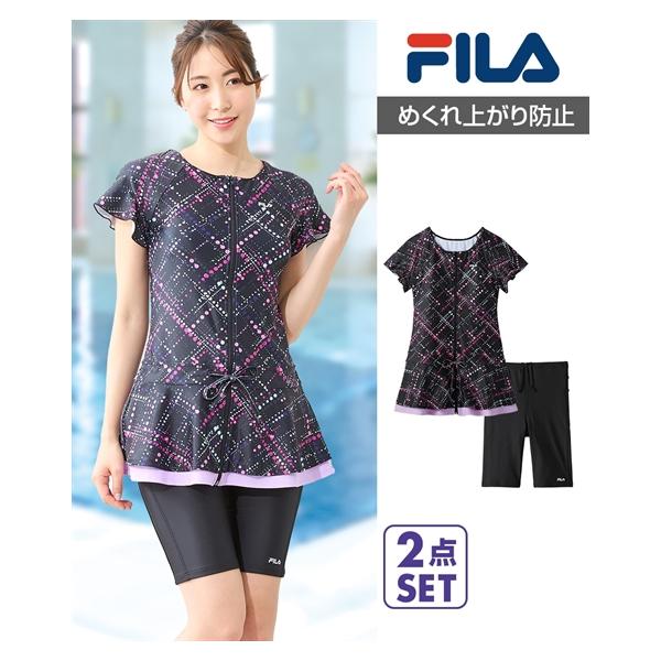 FILA 水着 フィットネス 競泳 大きいサイズ レディース フリル袖付 プリント チュニック 2点セット 水泳 トレーニング 運動 ジム 8L/10L ニッセン nissen