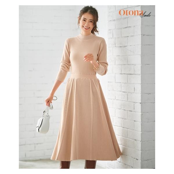 ワンピース ロング マキシ 大きいサイズ レディース ハイネック リブ切替 ニット OtonaSMILE 冬  ひざ下 5L/6L ニッセン nissen ニッセン ワンピース ロング マキシ 大きいサイズ レディース