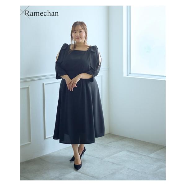 ワンピース ロング マキシ レディース らめちゃんコラボ ウエスト タック肩リボン ひざ下 | L〜6L | ニッセン nissen ニッセン（nissen） ワンピース ロング マキシ レディース らめちゃん