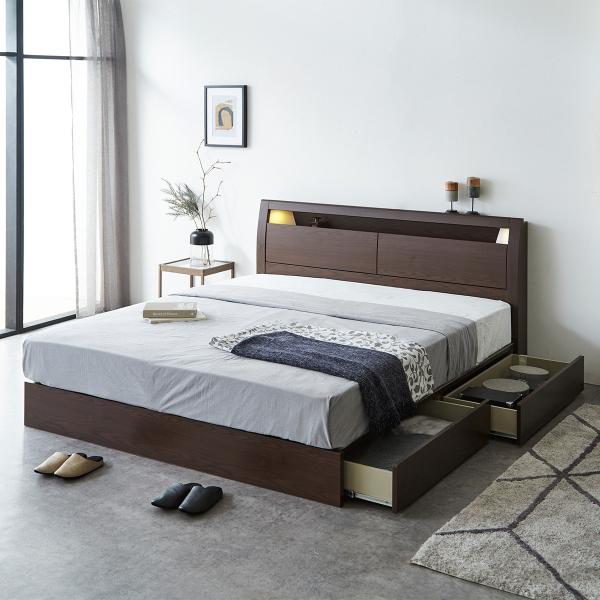 棚・コンセント・照明付きクイーンベッドフレーム(KB MBR 引出付き