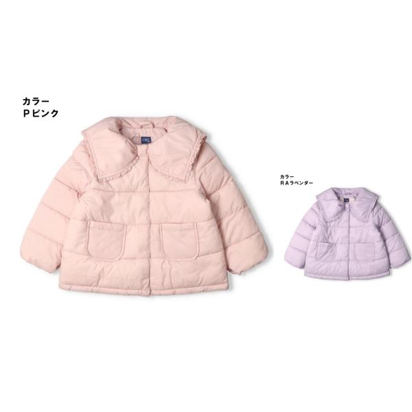 丸高衣料ブランド　crescent 　フリルの付いたリボンの形の衿が可愛いコート。リボンのモチーフもポイント。暖か中綿入りの女の子らしいジャケット。●素材　本体部　ナイロン１００％　中綿　ポリエステル１００％　●サイズ参９０ｃｍ（２歳前後）...