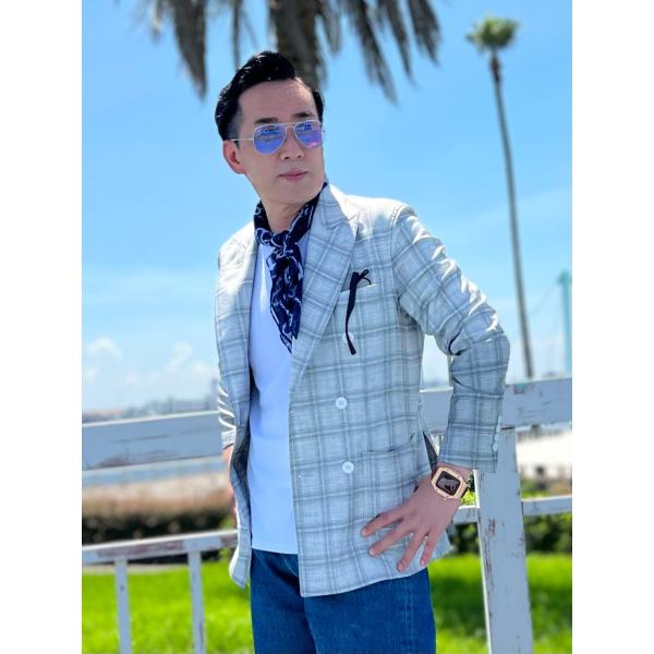 シルバーグレーチェックダブルジャケット】 テーラードジャケット