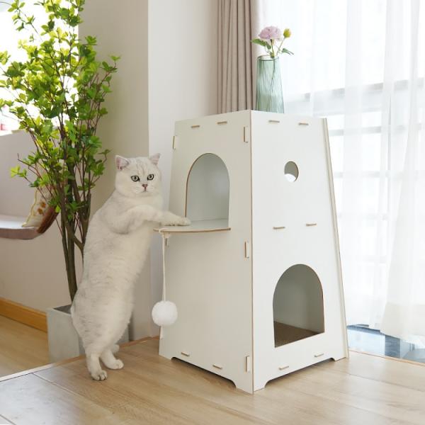 猫ハウス猫タワー キャットハウス 猫ベッド 二層 組み立て式 キャットヴィラ 家具として使える デスク 木製 猫用キャビネット ストレス解消ベッドサイドテーブル
