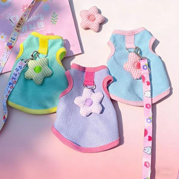 ペット服 ベスト 牽引ロープ 犬 猫 ペットウェア ハーネスリード セット ハーネス ベルト 軽量 通気性 かわいい 胸当て お散歩ウェアに お出かけ 簡単装着