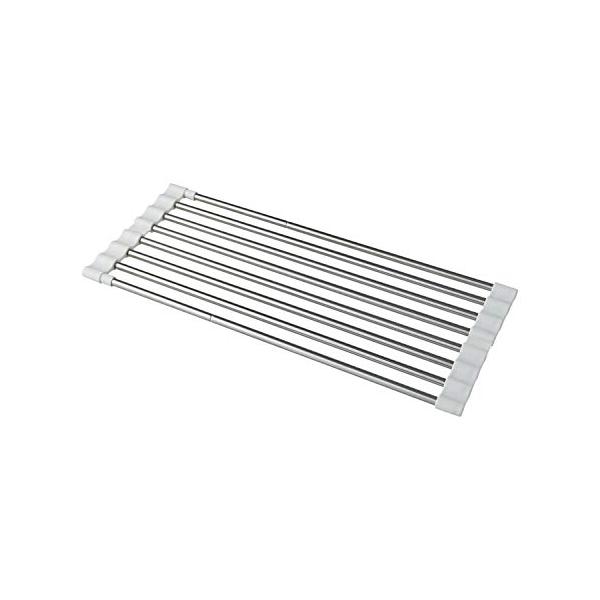 サイズ:40~60×17×1cm耐荷重:3kgシンクに合わせて40~60cmに伸縮可能。たためるので、場所を取らずスリムに収納できる。サイドは滑りにくいフレームになっている。サイドフレームは通気性が良い波状になっている。サイドフレーム部分に...